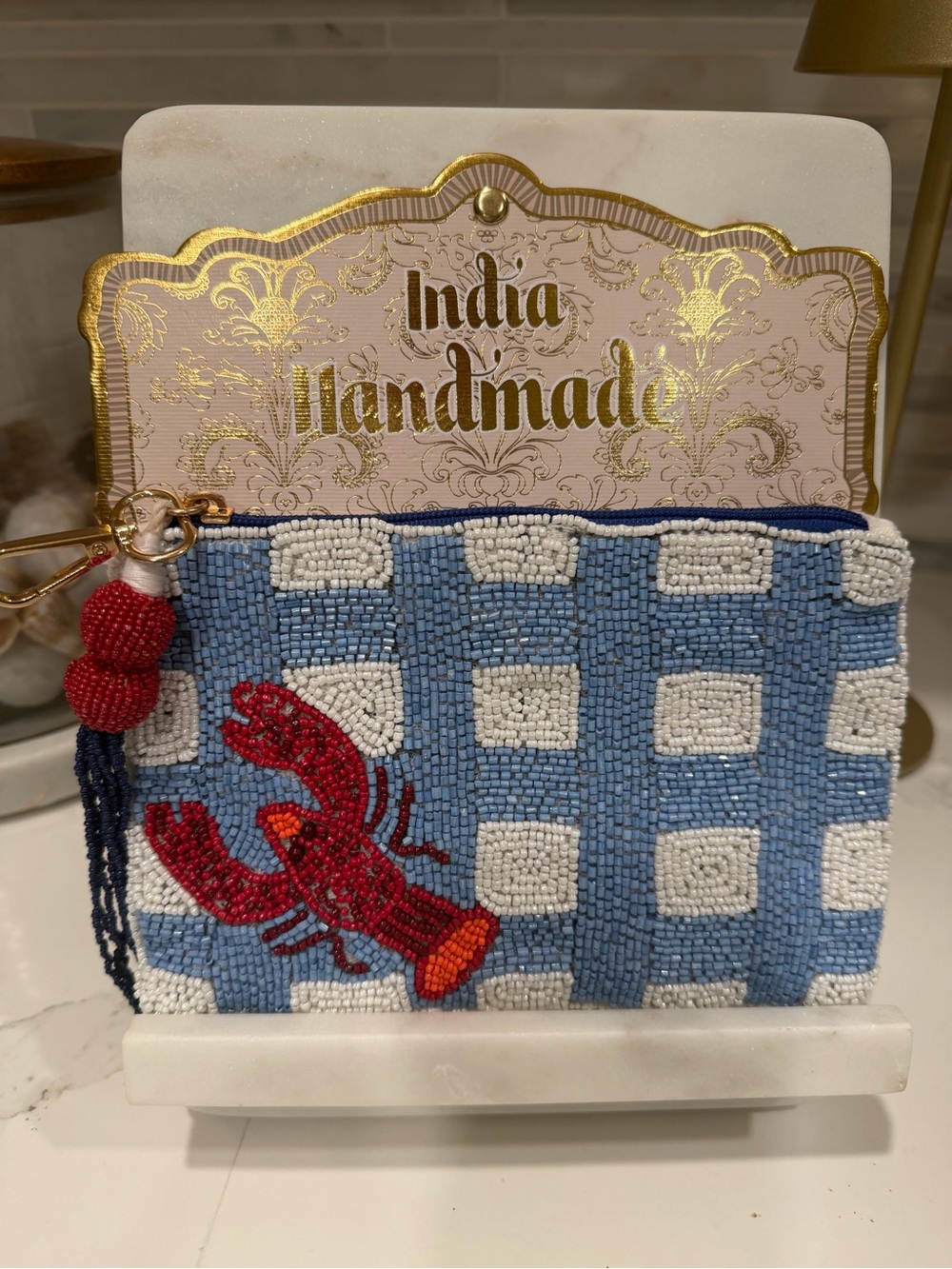 Made in India NEW Beaded Pouch with Blue Check and Lobster Design